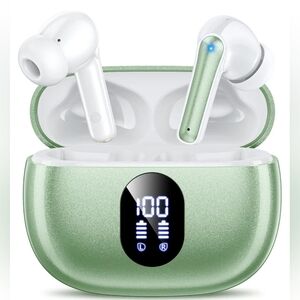NIB/NWT T18 White/green true wireless earbuds with fast-charging case. One size.